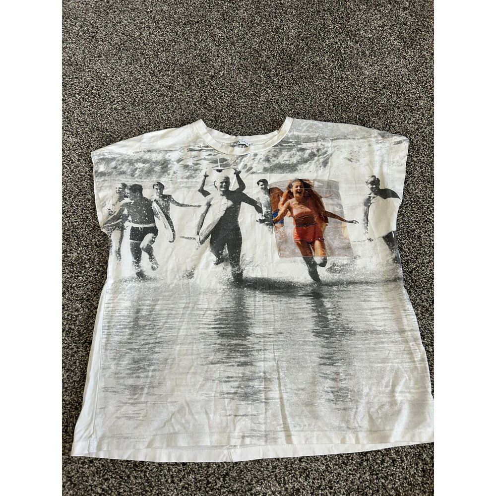 Zara white photographic vintage-style beach scene print short sleeve T-shirt M
